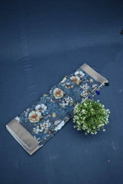 AZURE BLUE- LINEN COTTON FLORAL PRIINT SAREE