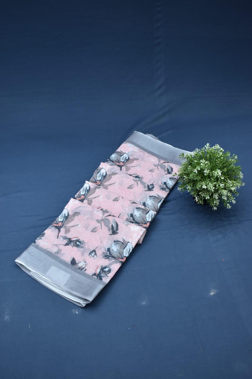 LIGHT PINK- LINEN COTTON FLORAL PRINT SAREE