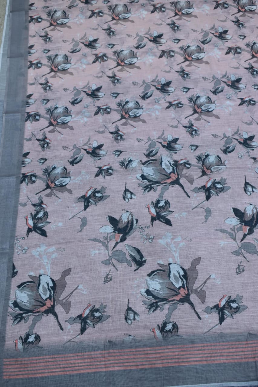 LIGHT PINK- LINEN COTTON FLORAL PRINT SAREE