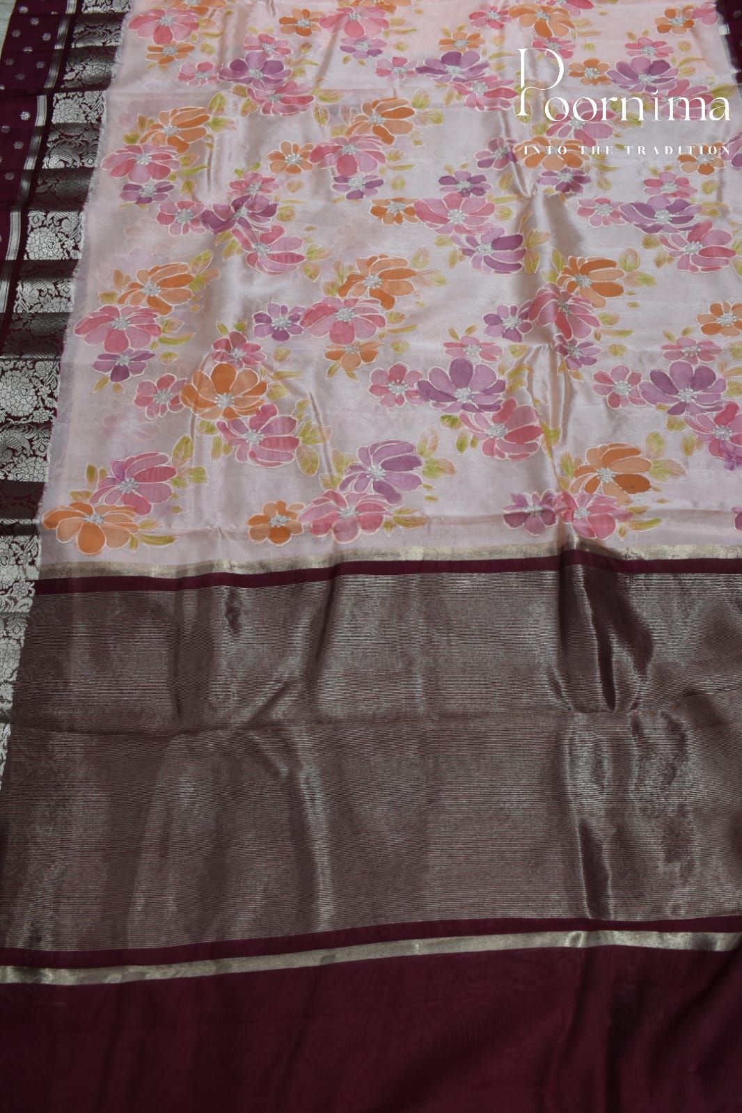 LIGHT ORANGE- PURE BANARASI APPLIQUE WORK SAREE