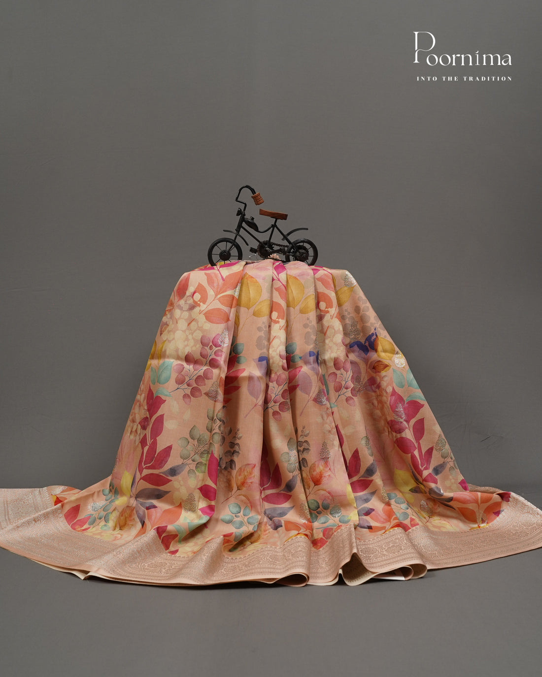 Pure Katan Pattu with digital printing and Zari Woven Border in light Peach colour