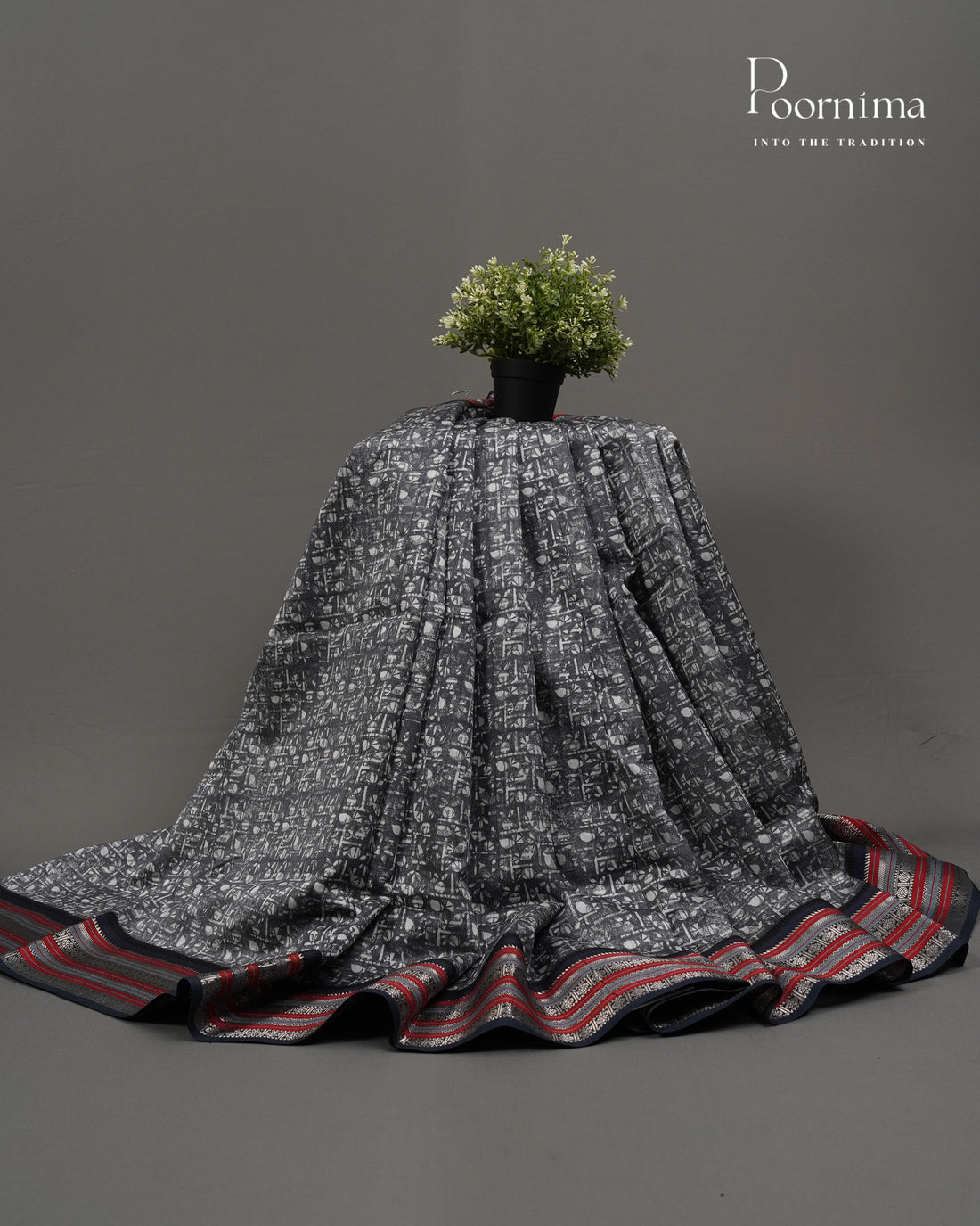 DARK GREY - SILK COTTON WITH ALLOVER DIGITAL PRINT AND VIDHARVA BORDER