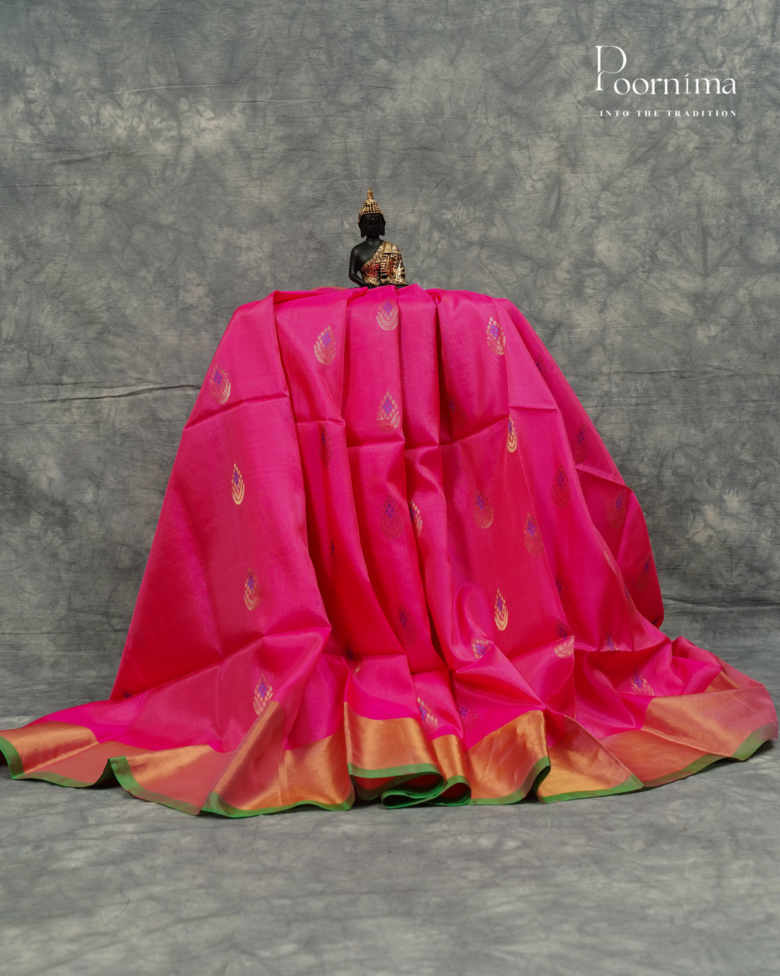 PINK &amp; PARROT GREEN - ARNI KANJIVARAM SOFT SILK SAREE WITH ALLOVER ZARI BUTTI AND ZARI BORDER