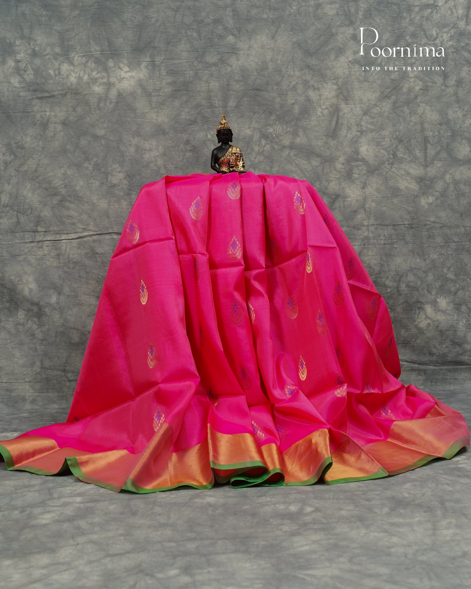 PINK &amp; PARROT GREEN - ARNI KANJIVARAM SOFT SILK SAREE WITH ALLOVER ZARI BUTTI AND ZARI BORDER