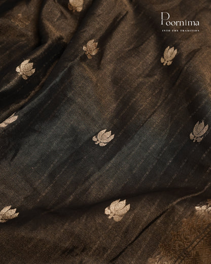DARK BROWN - CHANDERI TISSUE SAREE WITH LOTUS BUTTI WOVEN