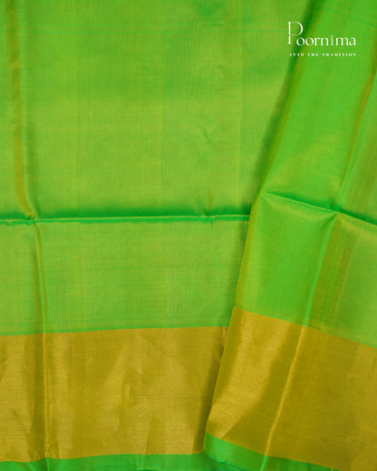 PINK &amp; PARROT GREEN - ARNI KANJIVARAM SOFT SILK SAREE WITH ALLOVER ZARI BUTTI AND ZARI BORDER