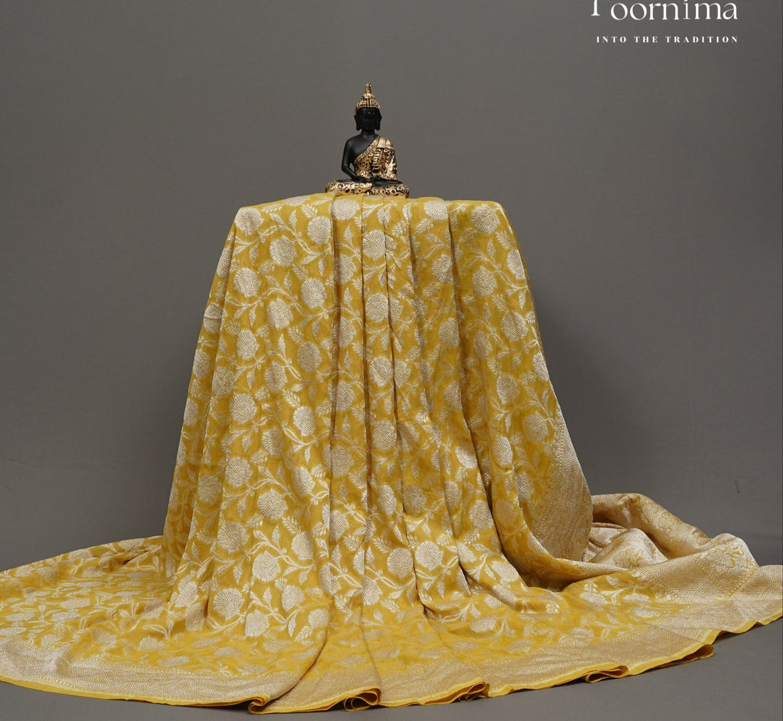 MUSTARD YELLOW - BENARASI CRUSHED GEORGETTE SAREE WITH ALL OVER ZARO WOVEN