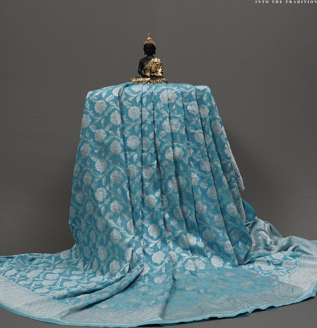 BLUE- BENARASI CRUSHED GEORGETTE SAREE WITH  ALL OVER ZARI WOVEN