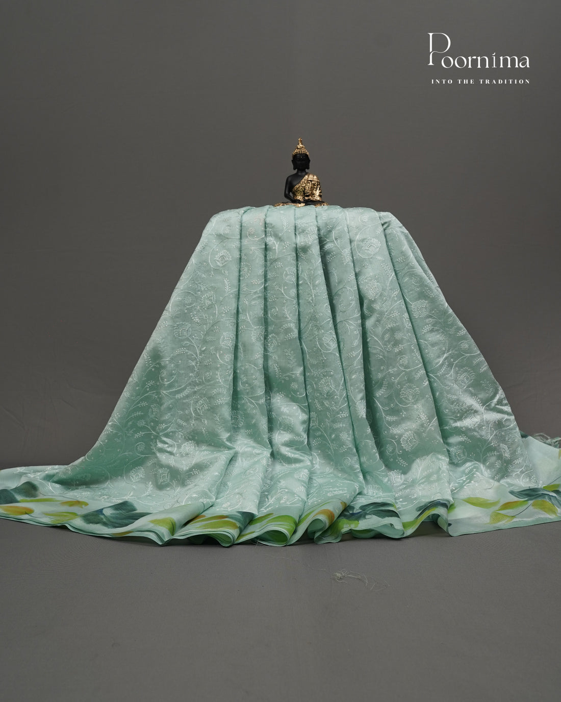 BLUE- CHANDERI CHICKENKARI WORK WITH HAND PAINTED BORDER