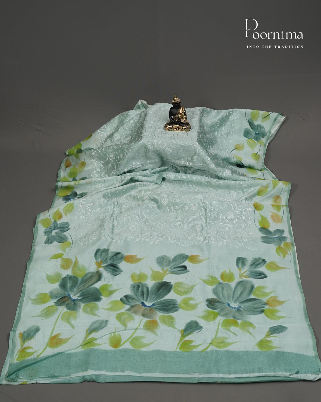 BLUE- CHANDERI CHICKENKARI WORK WITH HAND PAINTED BORDER