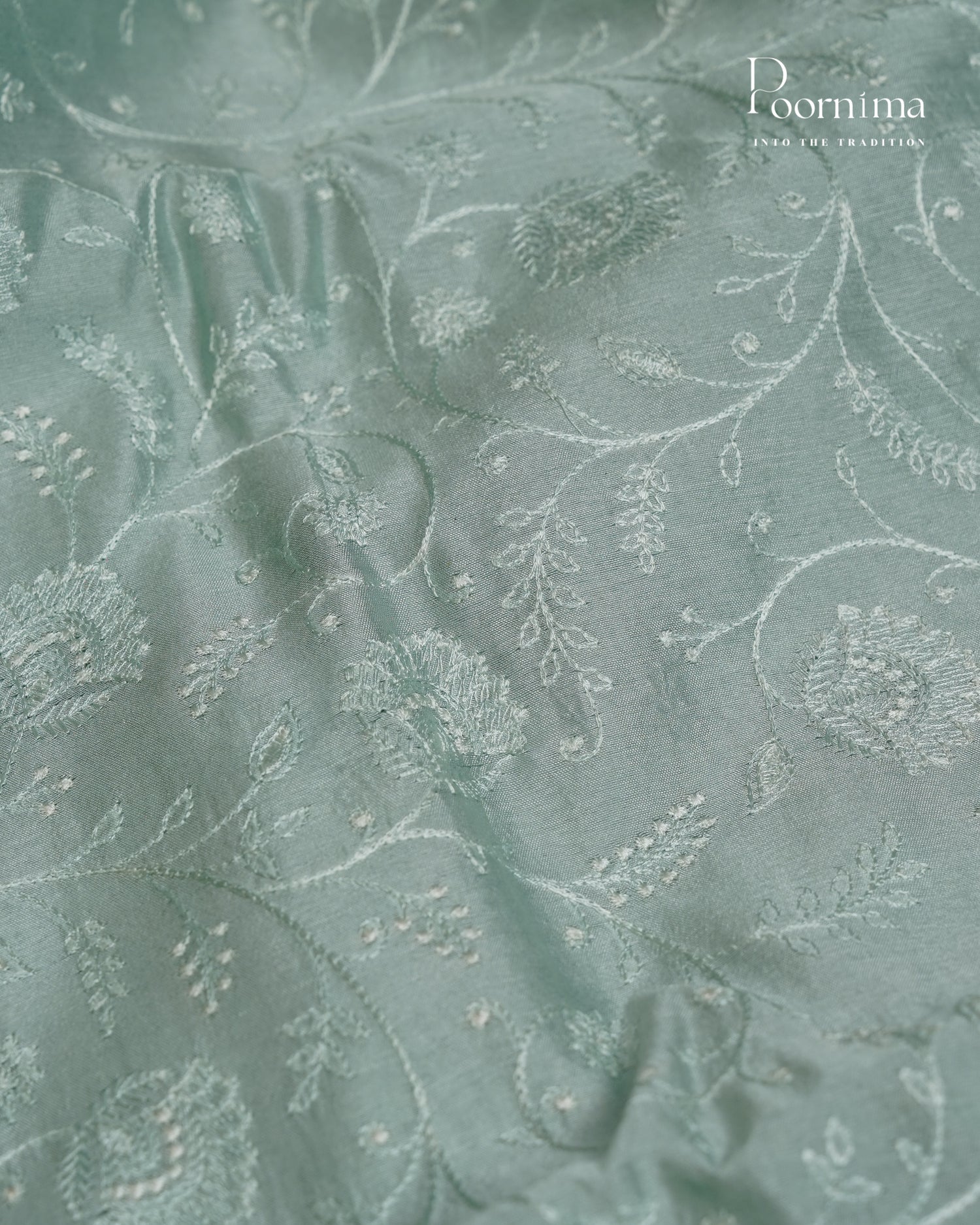 BLUE- CHANDERI CHICKENKARI WORK WITH HAND PAINTED BORDER