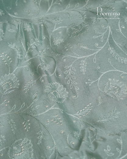BLUE- CHANDERI CHICKENKARI WORK WITH HAND PAINTED BORDER