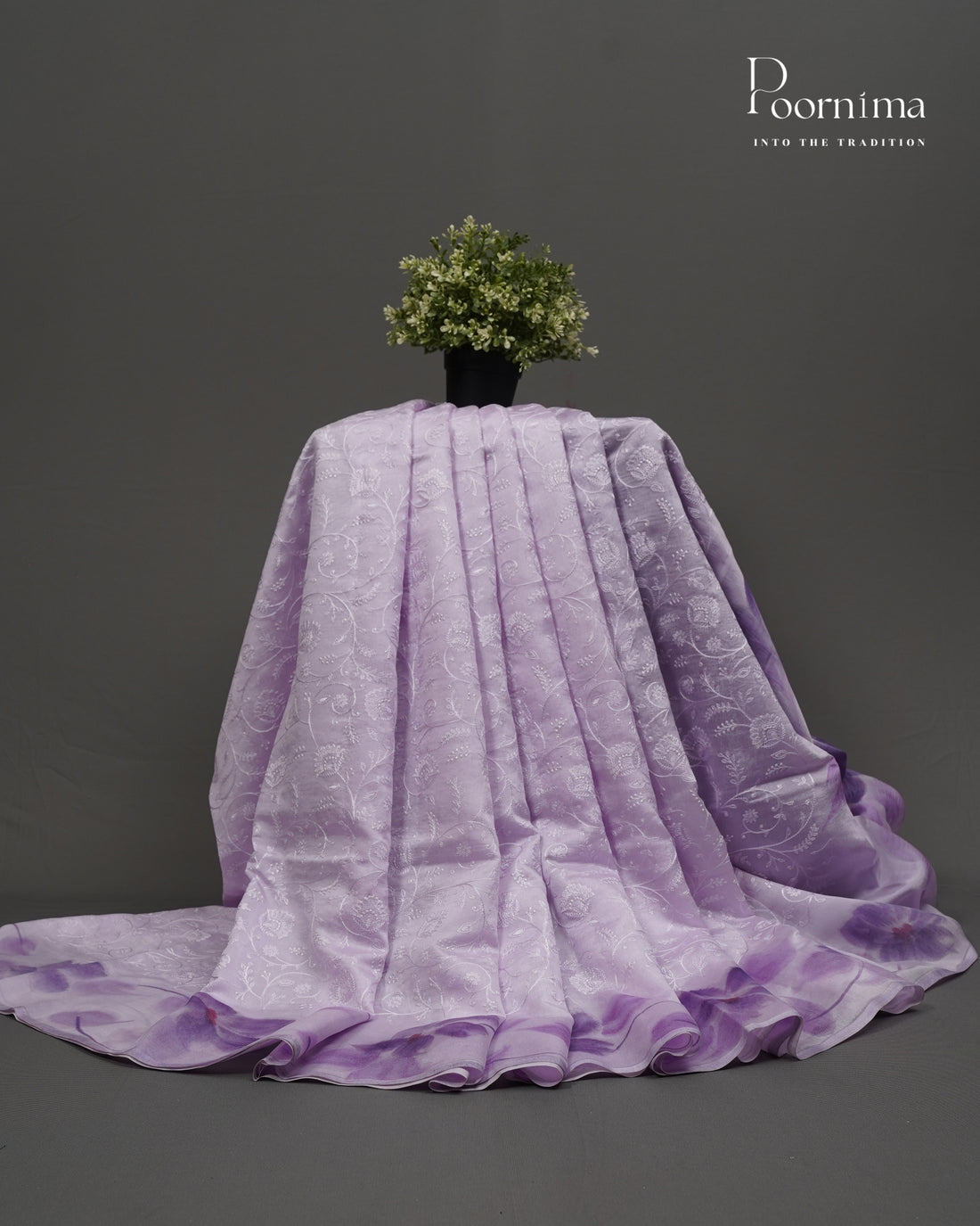 LAVENDER- CHANDERI CHICKENKARI WORK WITH HAND PAINTED BORDER