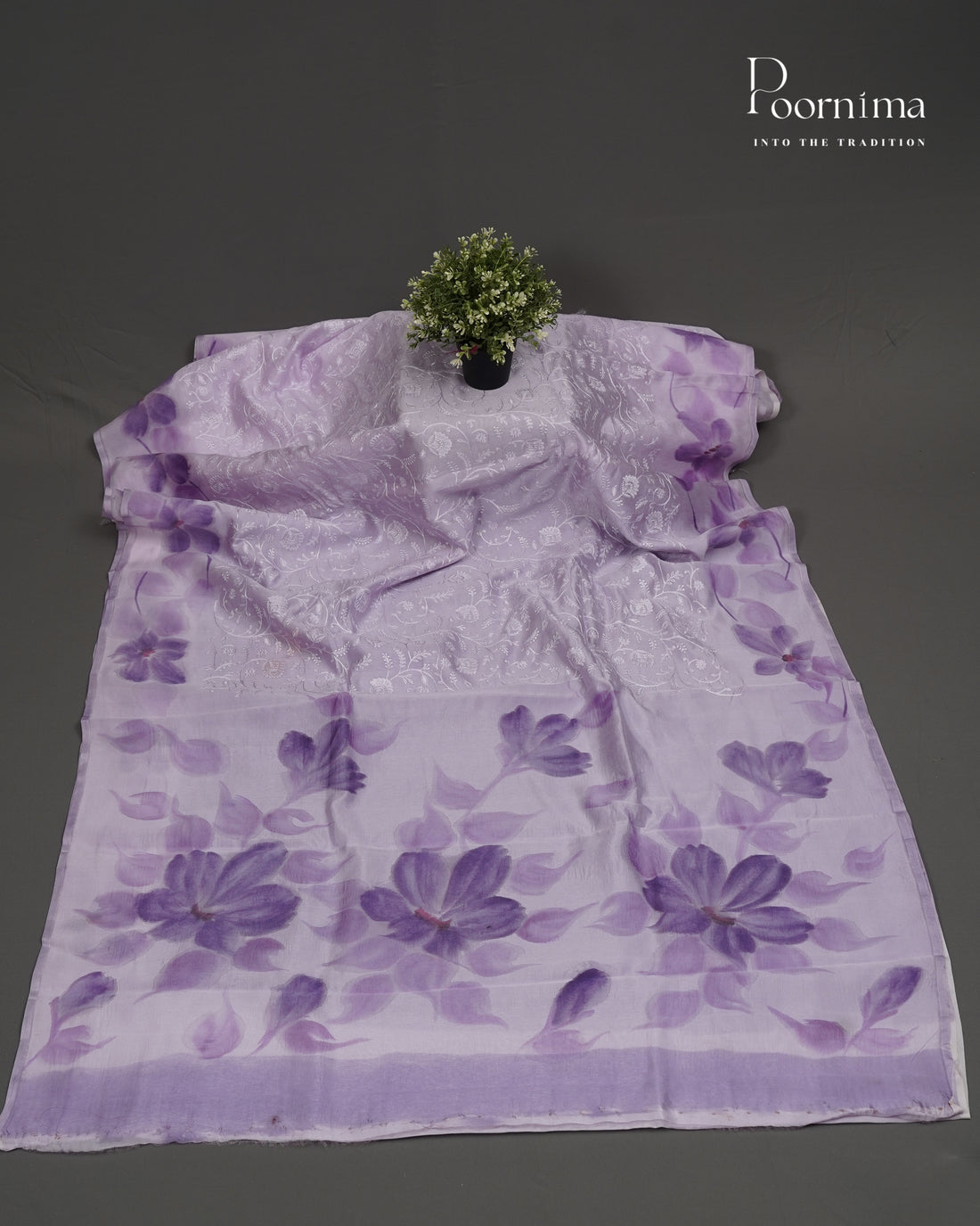 LAVENDER- CHANDERI CHICKENKARI WORK WITH HAND PAINTED BORDER
