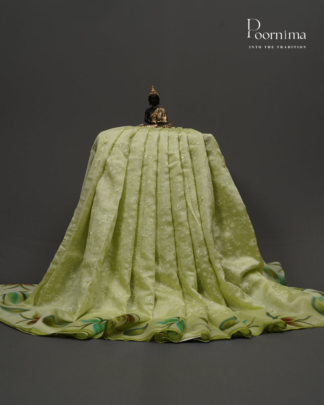 PISTA GREEN - CHANDERI CHICKENKARI WITH HAND PAINTED BORDER