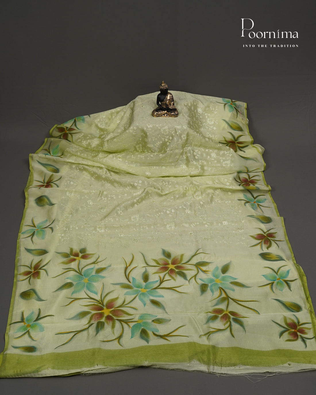 PISTA GREEN - CHANDERI CHICKENKARI WITH HAND PAINTED BORDER