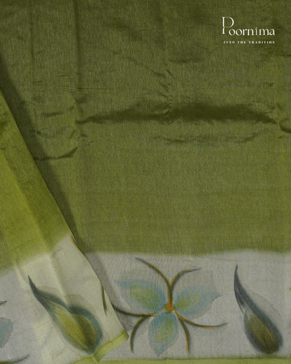 PISTA GREEN - CHANDERI CHICKENKARI WITH HAND PAINTED BORDER