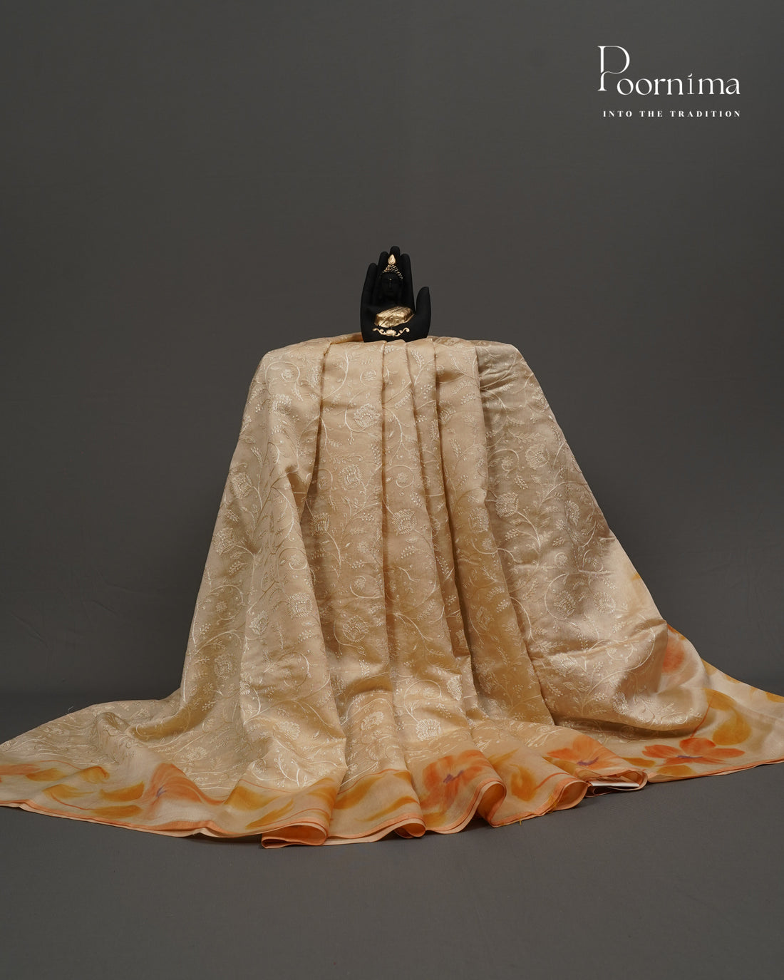 CREAM - CHANDERI CHICKENKARI WORK WITH HAND PAINTED BORDER