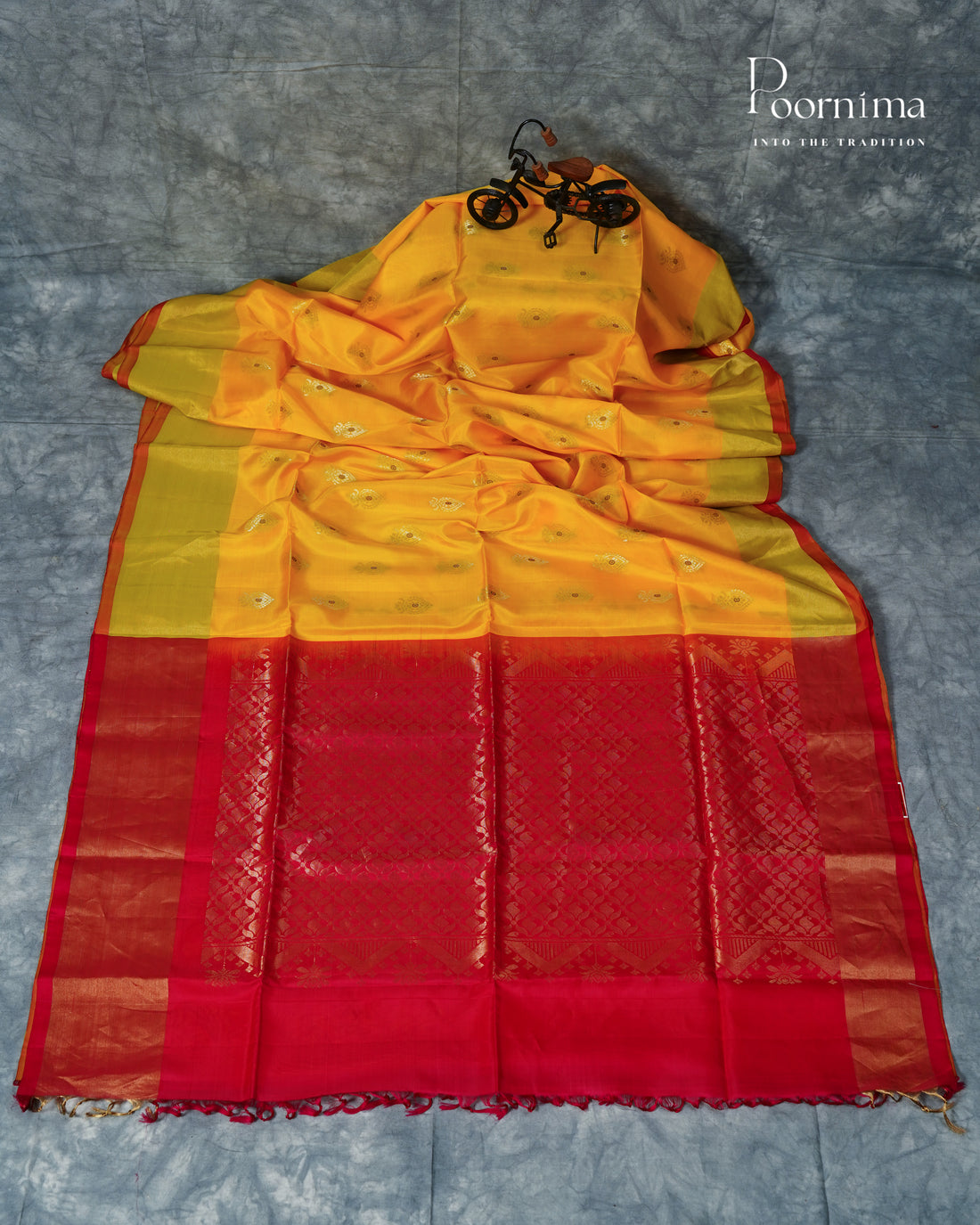 YELLOW &amp; RED - ARNI KANJIVARAM SOFT SILK SAREE WITH ALLOVER ZARI BUTTI AND ZARI BORDER