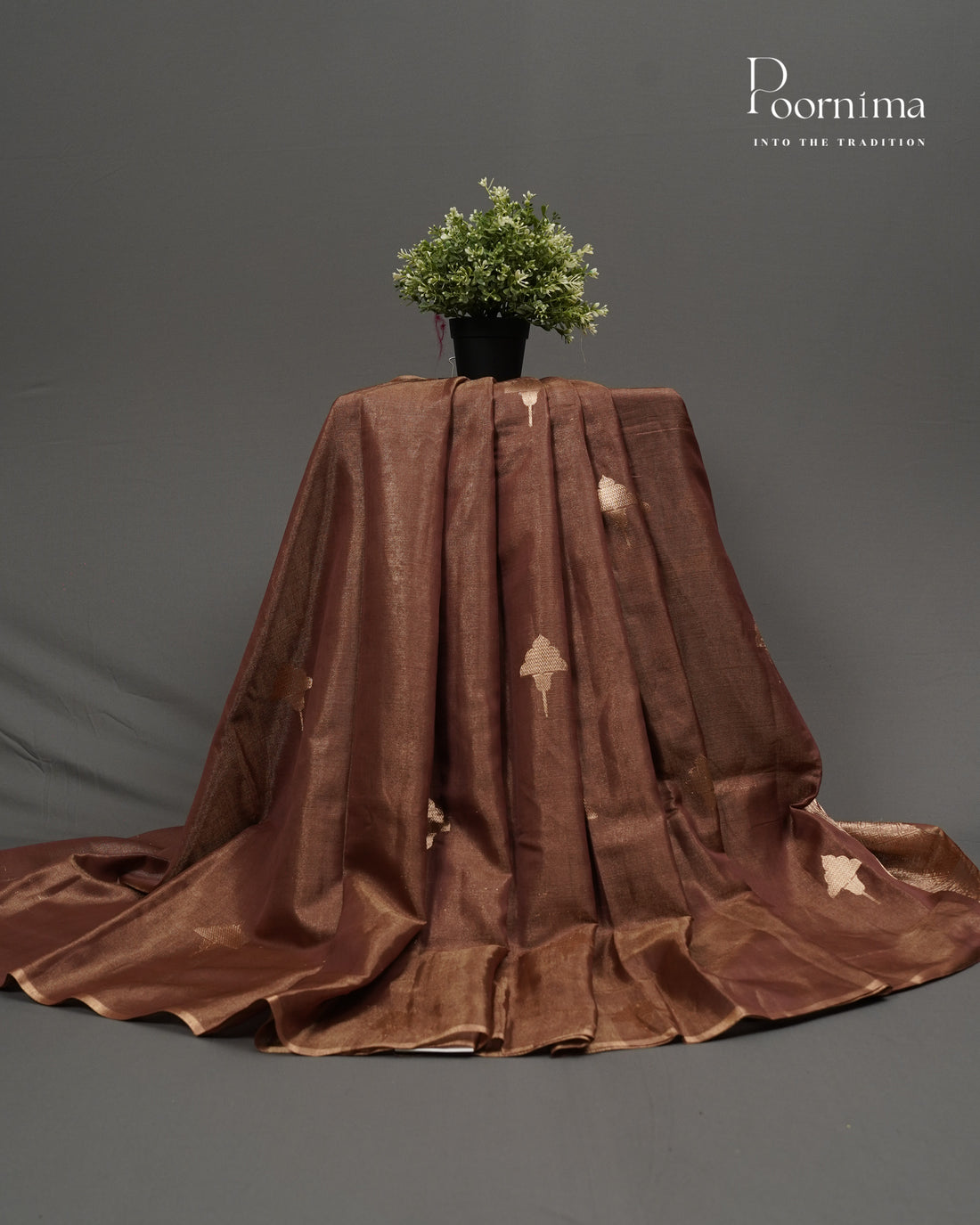 BROWN - CHANDERI TISSUE SAREE WITH WOVEN BUTTI ALL OVER