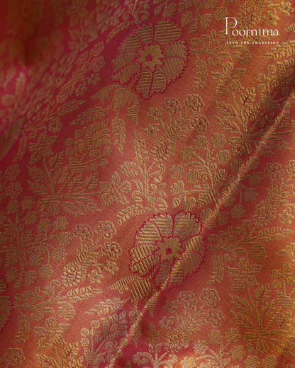 PURE KANJIVARAM SILK SAREE IN PEACH AND SEA GREEN COMBINATION WITH ALLOVER GOLD ZARI WOVEN
