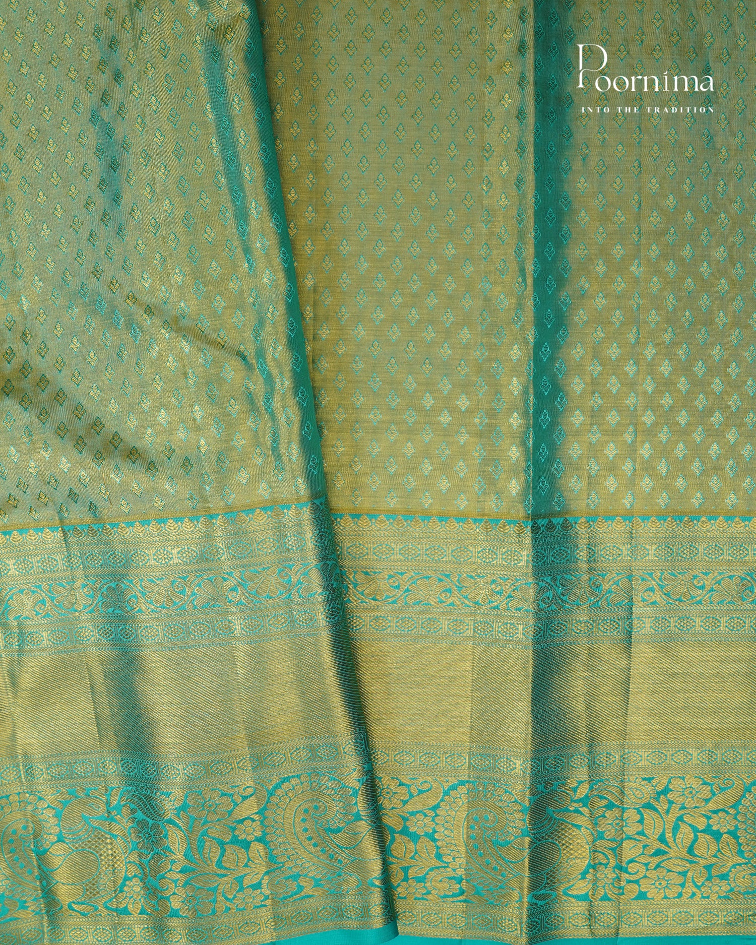 PURE KANJIVARAM SILK SAREE IN PEACH AND SEA GREEN COMBINATION WITH ALLOVER GOLD ZARI WOVEN
