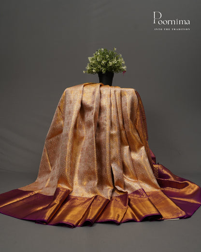 PURE KANJIVARAM SILK SAREE IN CREAM AND VIOLET COMBINATION WITH ALLOVER GOLD ZARI OVAL MOTIFS PATTERN