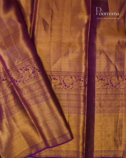 PURE KANJIVARAM SILK SAREE IN CREAM AND VIOLET COMBINATION WITH ALLOVER GOLD ZARI OVAL MOTIFS PATTERN
