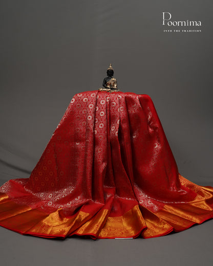 Pure Kanjivaram Silk Saree in Vibrant Red with Golden Zari and Contrasting Orange Border - A Timeless Masterpiece of Traditional Elegance