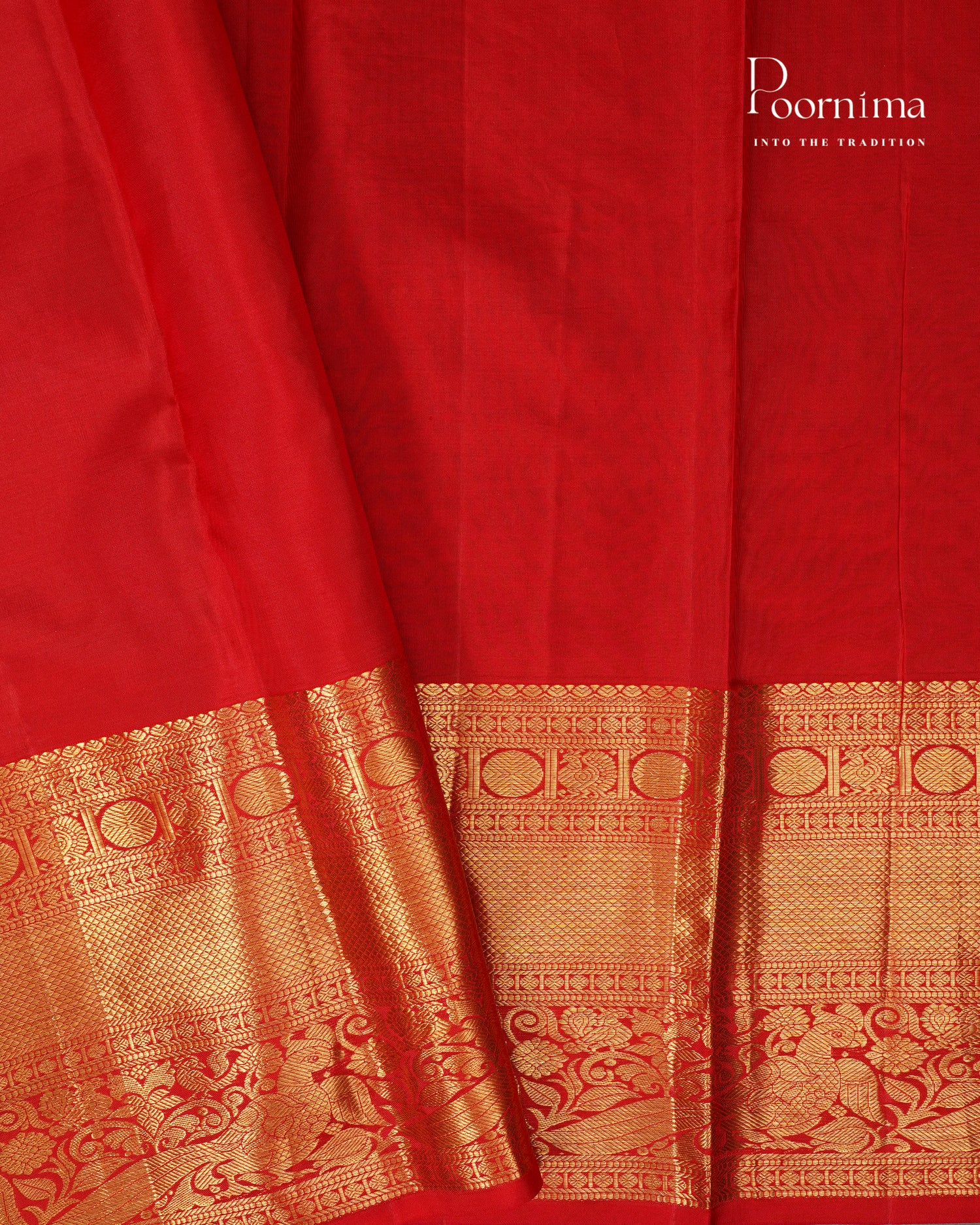 Pure Kanjivaram Silk Saree in Vibrant Red with Golden Zari and Contrasting Orange Border - A Timeless Masterpiece of Traditional Elegance