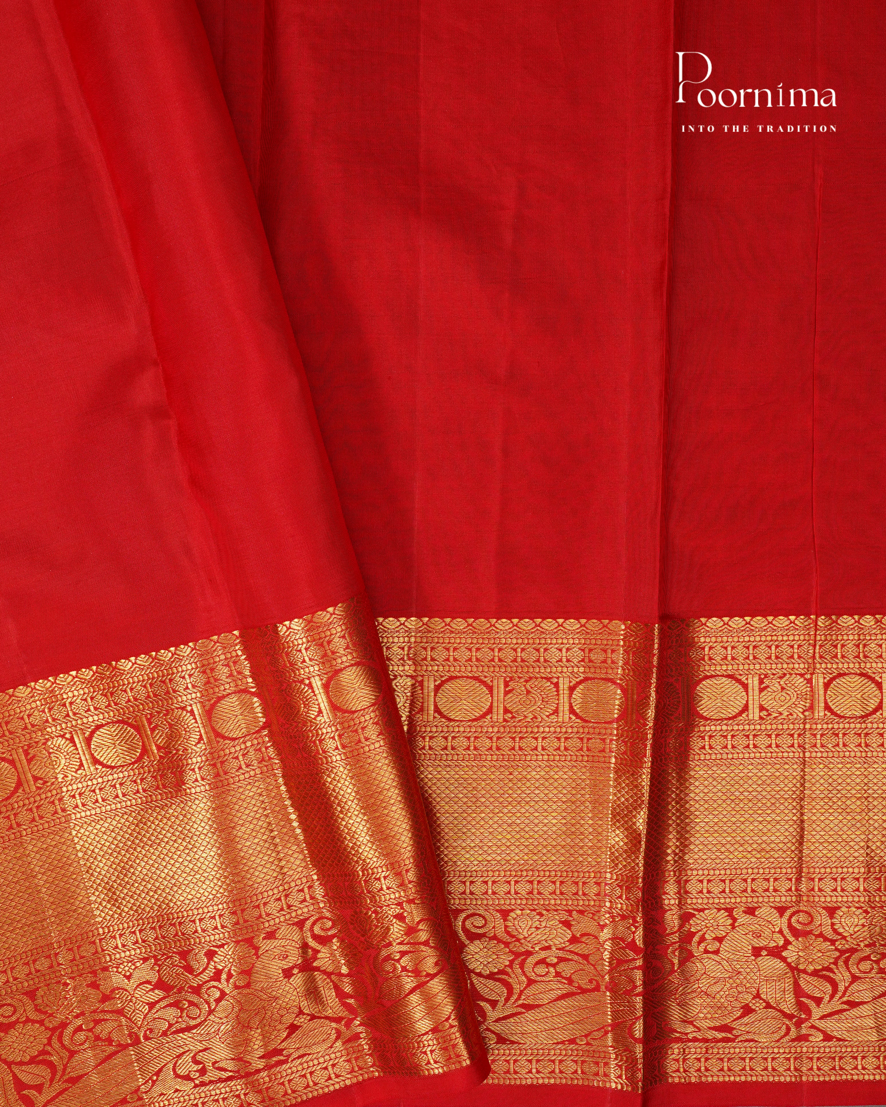 Pure Kanjivaram Silk Saree in Vibrant Red with Golden Zari and Contrasting Orange Border - A Timeless Masterpiece of Traditional Elegance