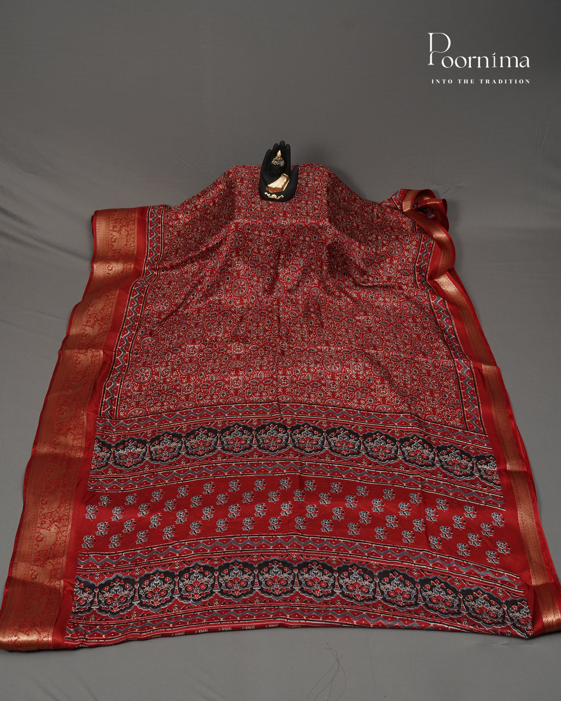 RED - VISCOSE SAREE WITH ALLOVER AJRAKH PRINT AND ZARI WOVEN BORDER