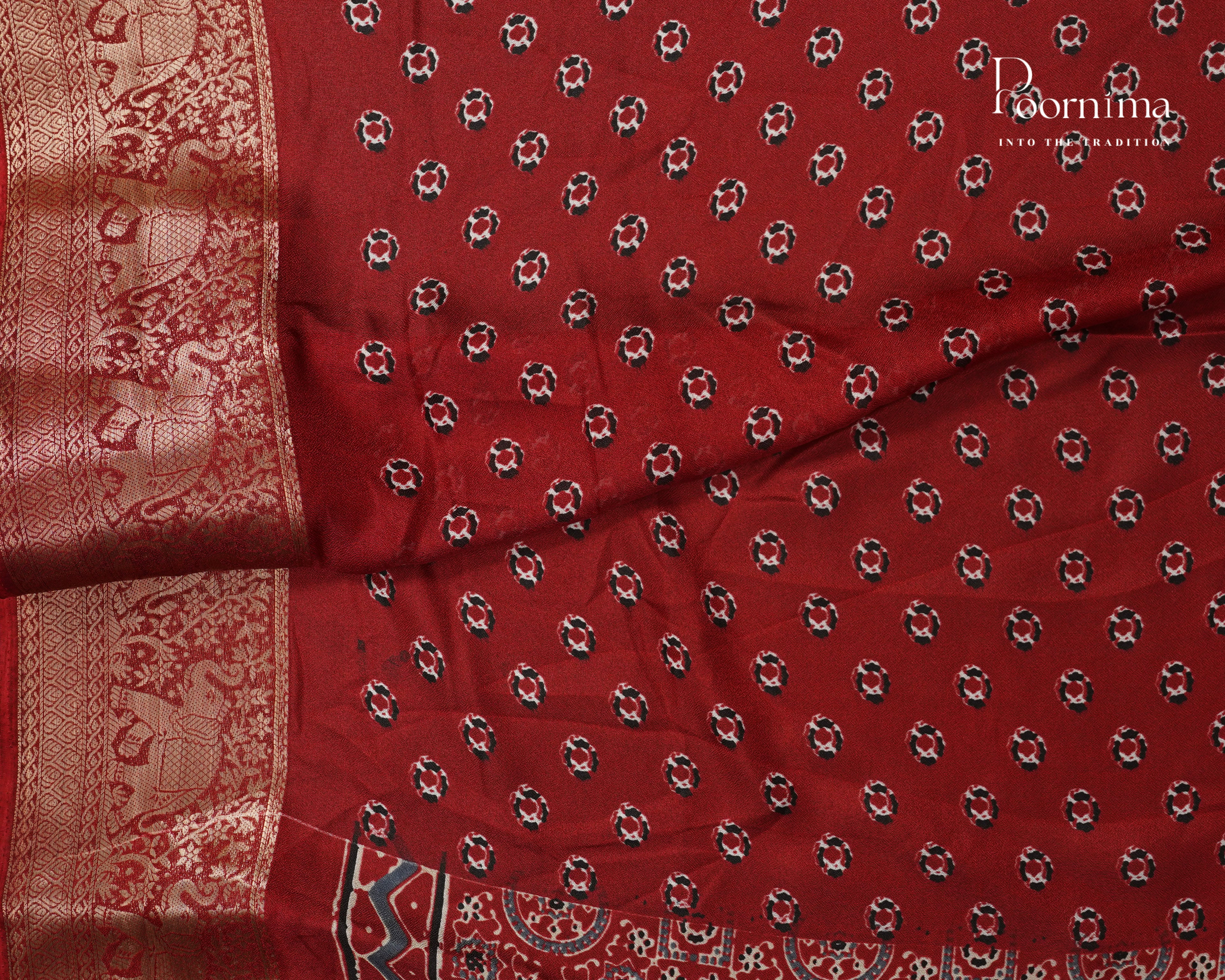 RED - VISCOSE SAREE WITH ALLOVER AJRAKH PRINT AND ZARI WOVEN BORDER