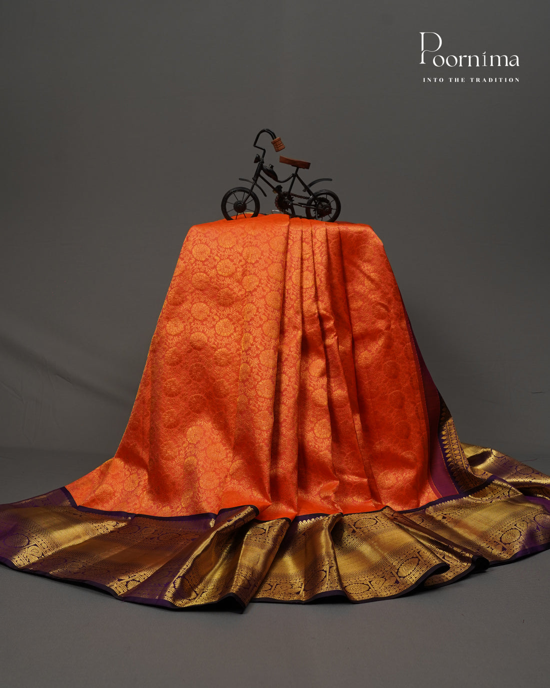 PURE KANJIVARAM SILK SAREE IN Vibrant Orange and Dark Purple with Gold Zari Circle Flower Motifs