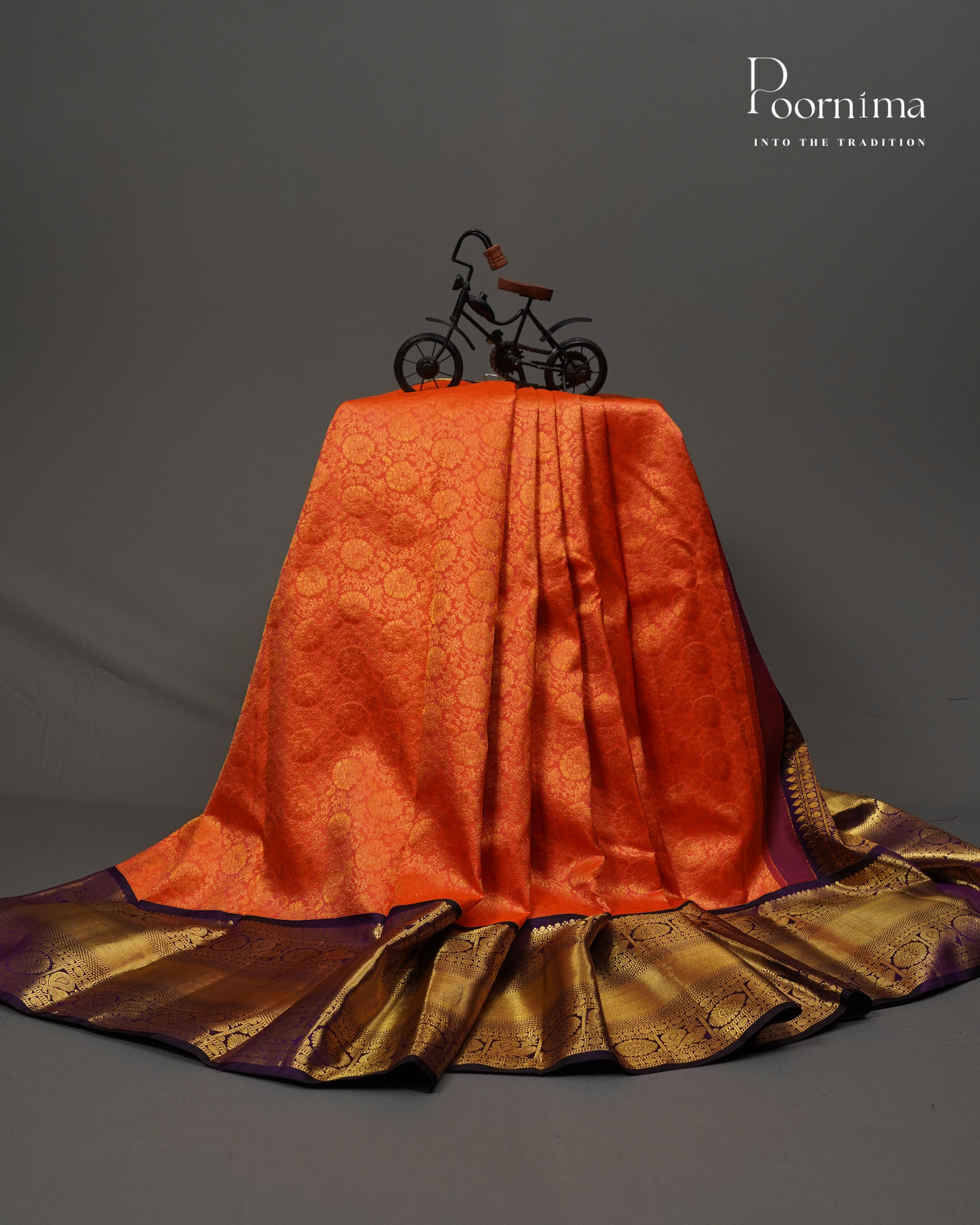 PURE KANJIVARAM SILK SAREE IN Vibrant Orange and Dark Purple with Gold Zari Circle Flower Motifs