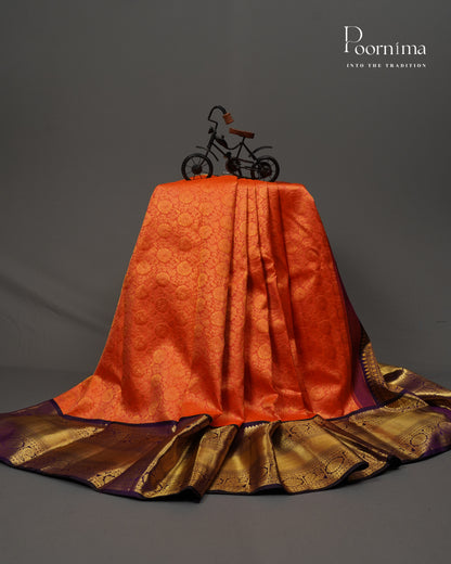 PURE KANJIVARAM SILK SAREE IN Vibrant Orange and Dark Purple with Gold Zari Circle Flower Motifs