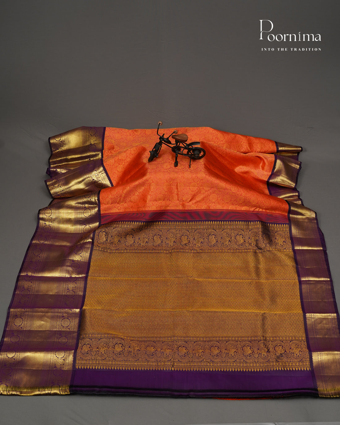 PURE KANJIVARAM SILK SAREE IN Vibrant Orange and Dark Purple with Gold Zari Circle Flower Motifs