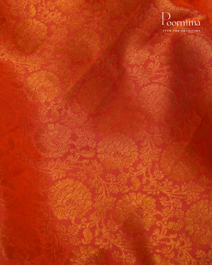 PURE KANJIVARAM SILK SAREE IN Vibrant Orange and Dark Purple with Gold Zari Circle Flower Motifs