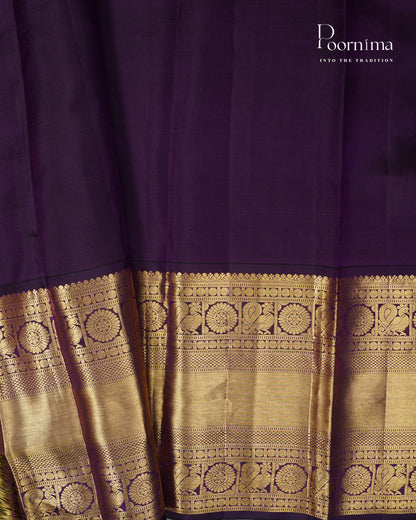PURE KANJIVARAM SILK SAREE IN Vibrant Orange and Dark Purple with Gold Zari Circle Flower Motifs