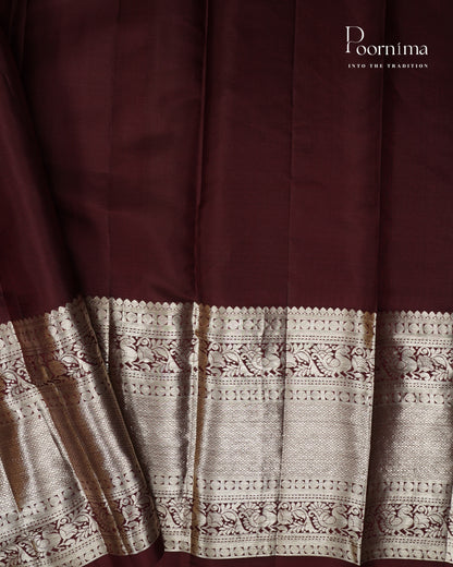 PURE KANJIVARAM SILK SAREE IN BLUE AND BROWN COMBINATION WITH ALLOVER SILVER ZARI WOVEN