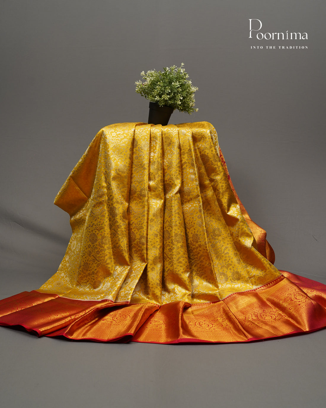 PURE KANJIVARAM SILK SAREE IN GOLDEN YELLOW AND RED COMBINATION WITH ALLOVER ZARI WOVEN