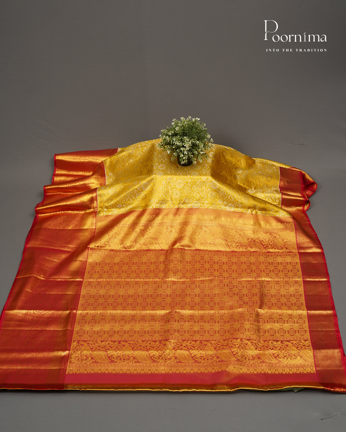 PURE KANJIVARAM SILK SAREE IN GOLDEN YELLOW AND RED COMBINATION WITH ALLOVER ZARI WOVEN