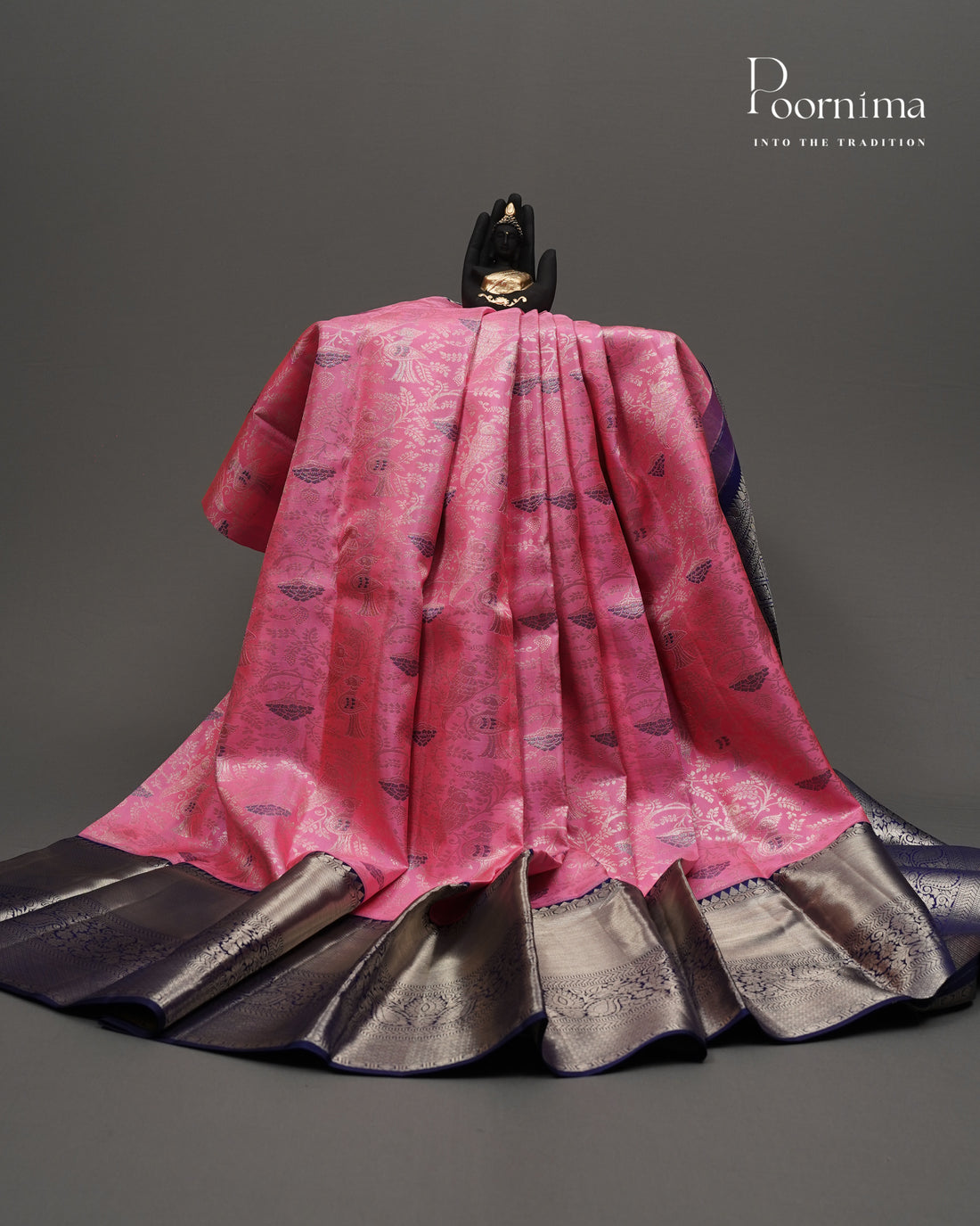 PURE KANJIVARAM SILK SAREE IN BABY PINK AND NAVY BLUE WITH ALLOVER SILVER ZARI AND MEENAKARI WORK WOVEN