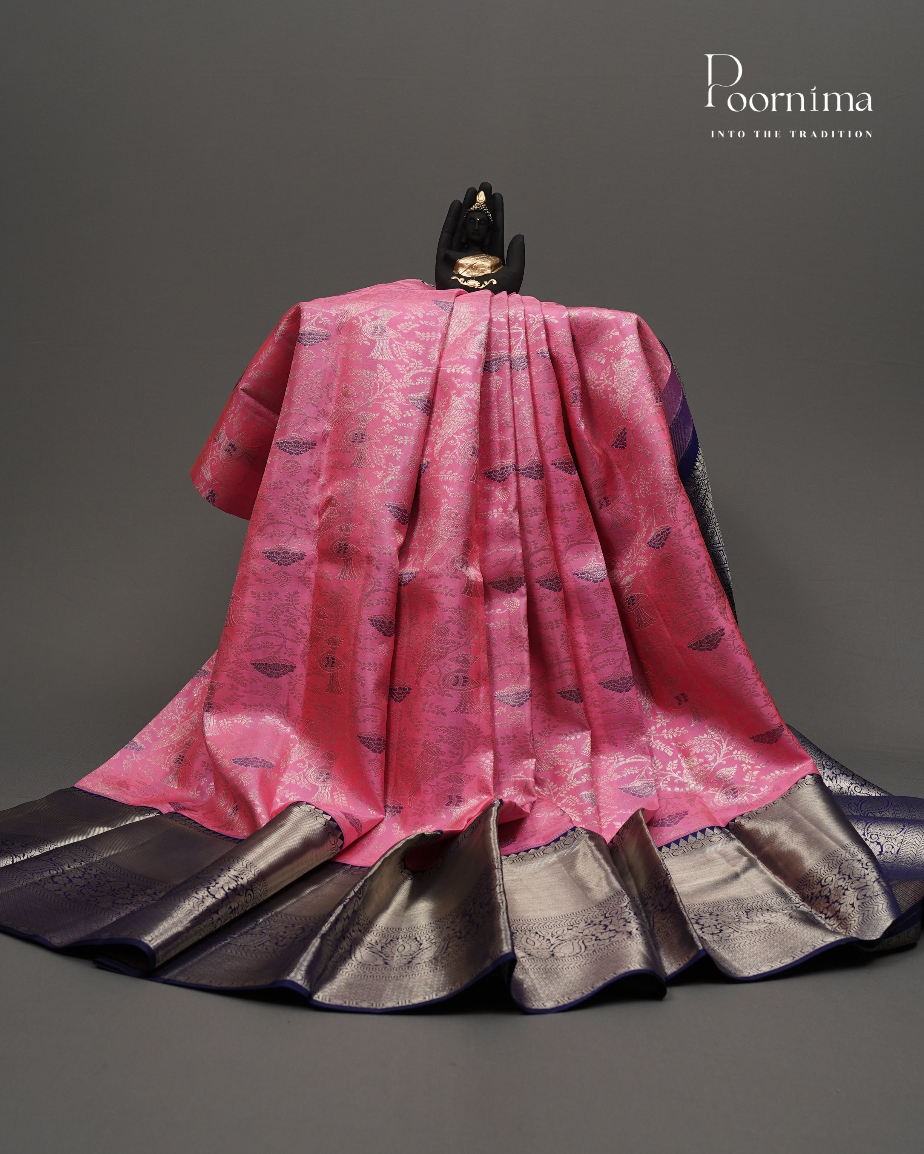 PURE KANJIVARAM SILK SAREE IN BABY PINK AND NAVY BLUE WITH ALLOVER SILVER ZARI AND MEENAKARI WORK WOVEN