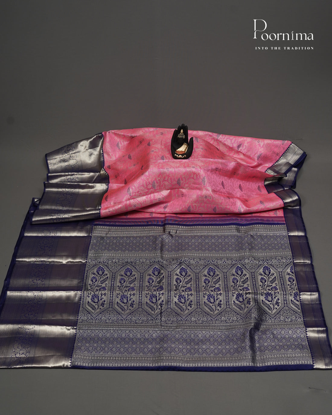 PURE KANJIVARAM SILK SAREE IN BABY PINK AND NAVY BLUE WITH ALLOVER SILVER ZARI AND MEENAKARI WORK WOVEN