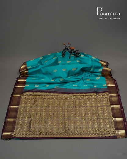 PURE KANJIVARAM SILK SAREE IN SEA BLUE AND WINE COMBINATION WITH ZARI BUTTI WOVEN || VINTAGE COLLECTION