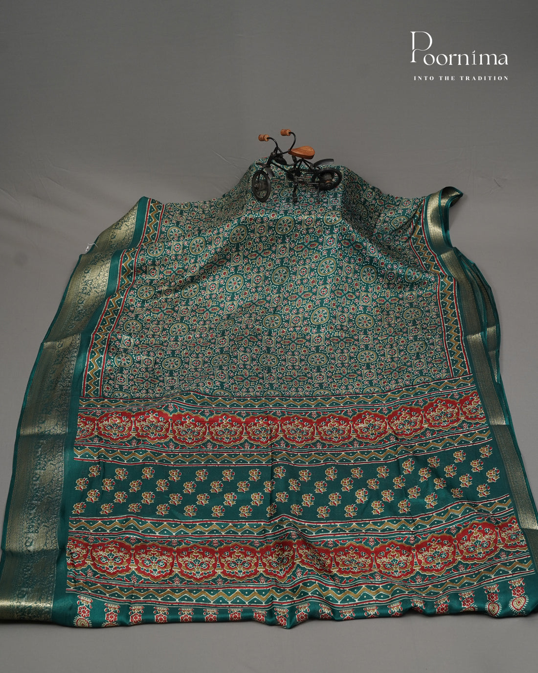 GREEN - VISCOSE SAREE WITH ALLOVER AJRAKH PRINT AND ZARI WOVEN BORDER