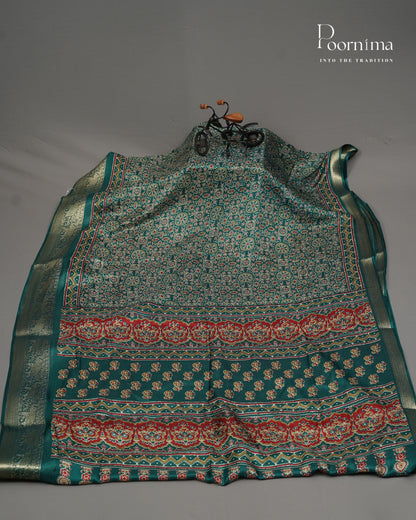 GREEN - VISCOSE SAREE WITH ALLOVER AJRAKH PRINT AND ZARI WOVEN BORDER