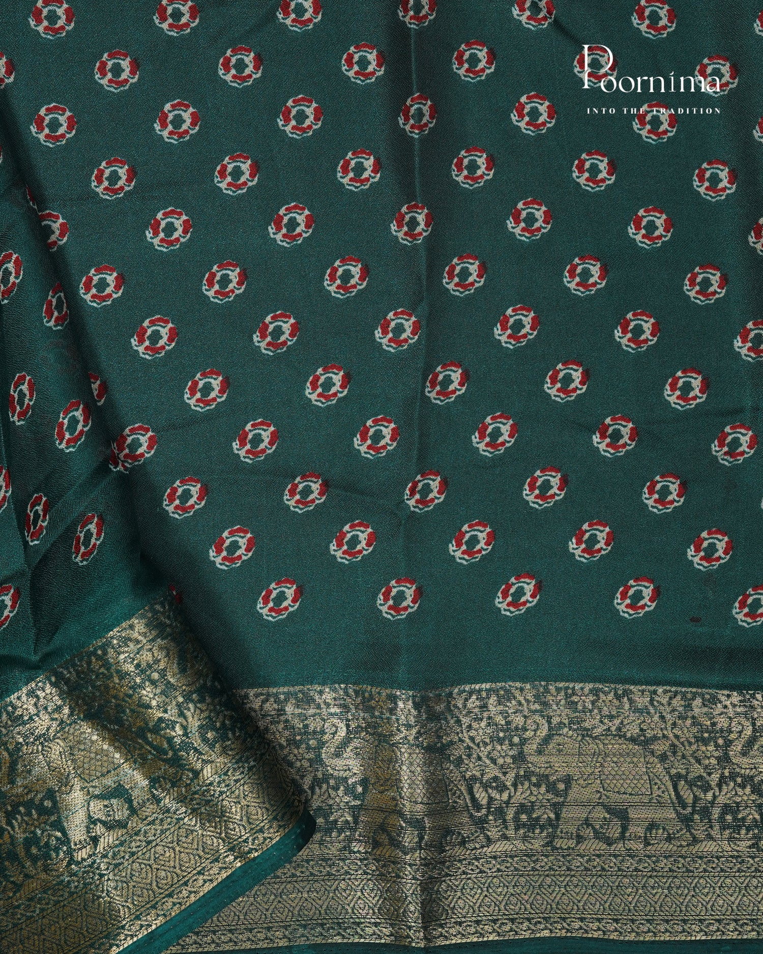 GREEN - VISCOSE SAREE WITH ALLOVER AJRAKH PRINT AND ZARI WOVEN BORDER