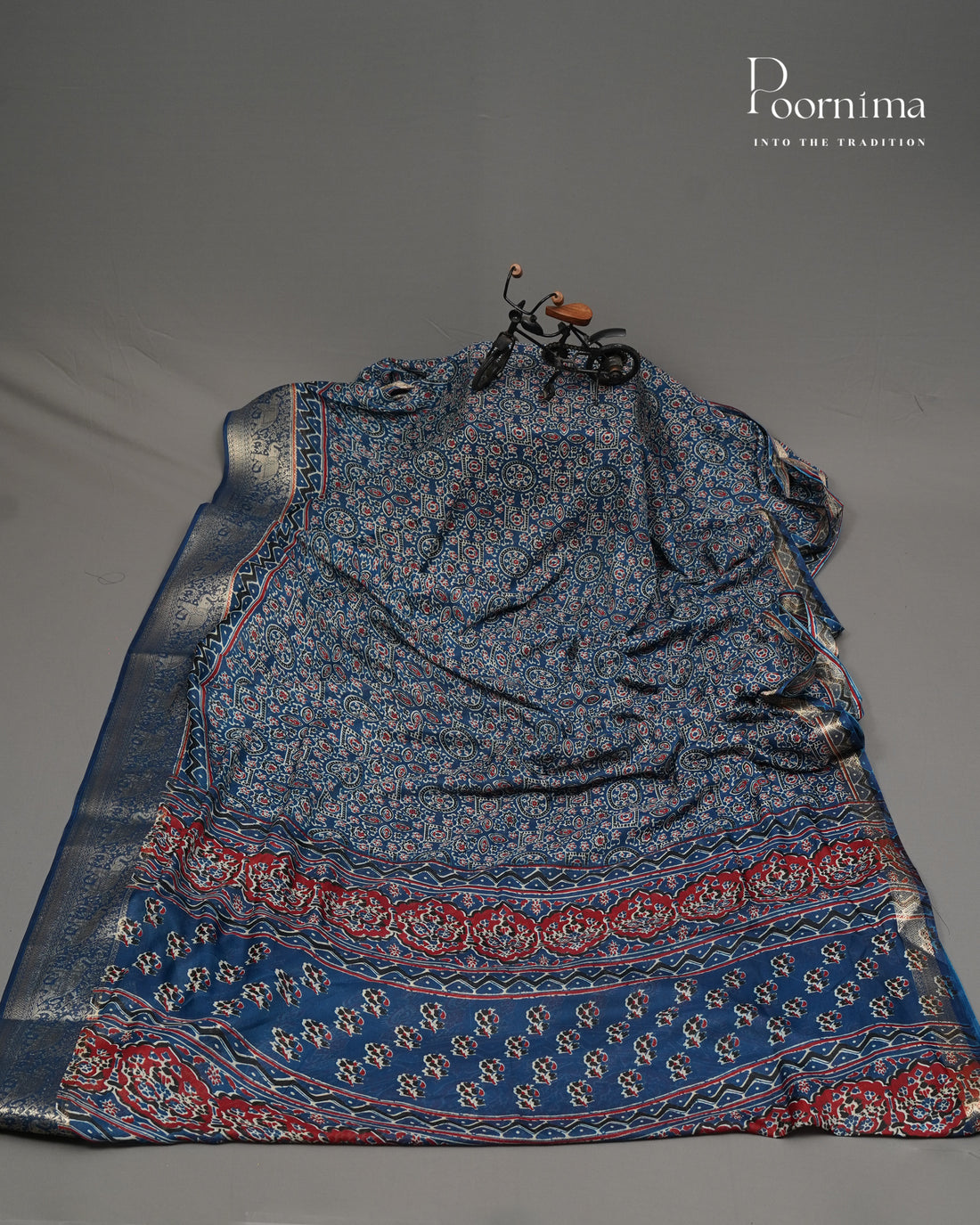 BLUE - VISCOSE SAREE WITH ALLOVER AJRAKH PRINT AND ZARI WOVEN BORDER